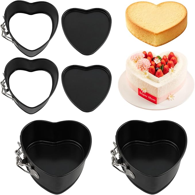 4 Inch Heart Springform Pans, Set of 4 Baking Pan | Mini heart shaped springform pans with removable bottoms and nonstick carbon steel; oven safe to 450F