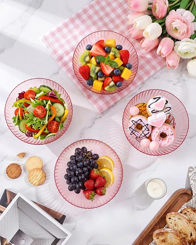 bUCLA 12 PCS Plastic Cereal Bowls Set - 28 Oz Clear Pink Disposable Vertical Stripes Serving Bowls for Snack, Salad, Dessert & Fruit