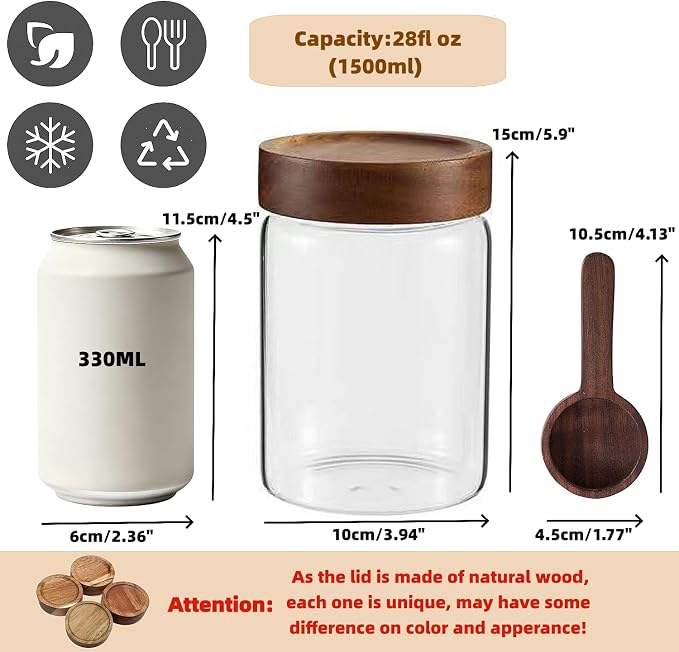 28 Fl oz Glass Food Storage Jar with Airtight Wooden Screw on Lid and Scoop | 850 ml Premium Clear Glass Canister Food Storage Containers for Coffee,Tea,Cereals,Cookies,Snacks,Nuts,Spice,Candy,Sugar