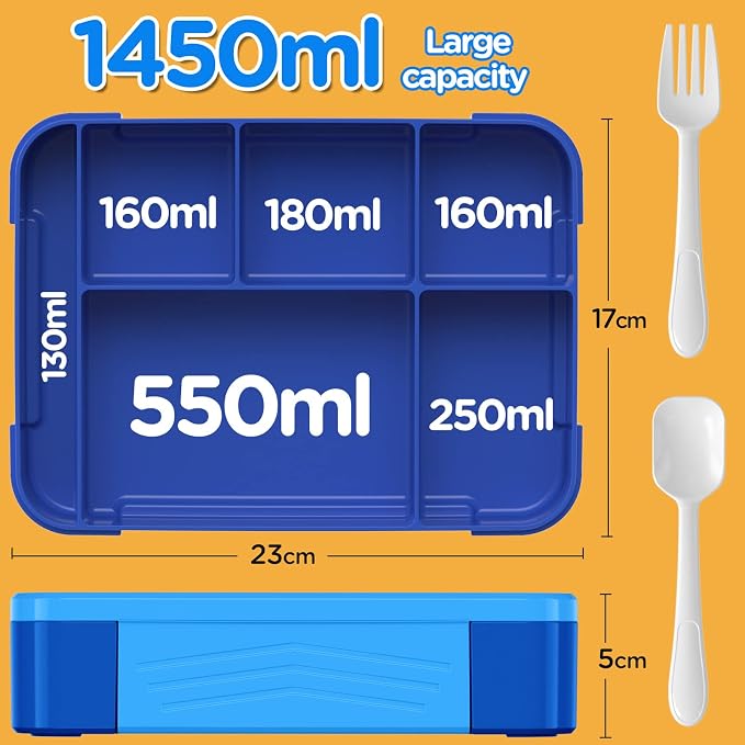 Bento Lunch Box for Kids - 1450ml Leakproof Kids Bento Box 6 Compartments Toddler Lunch boxes with Silverware for Back to School, Reusable LunchBox Snack Container for Daycare