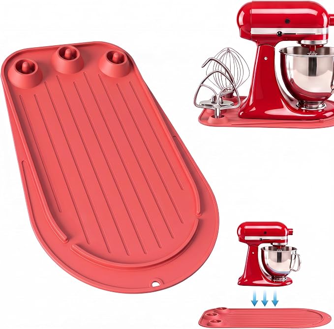 Upgraded Mixer Slider Mat for KitchenAid 4.5-5 Qt Tilt-Head Stand Mixer | Silicone Countertop Mover with 3 Attachment Storage Slots, Non-Slip Mixer Pad Organizer for Dough Hook Whisk Flat Beater, Red