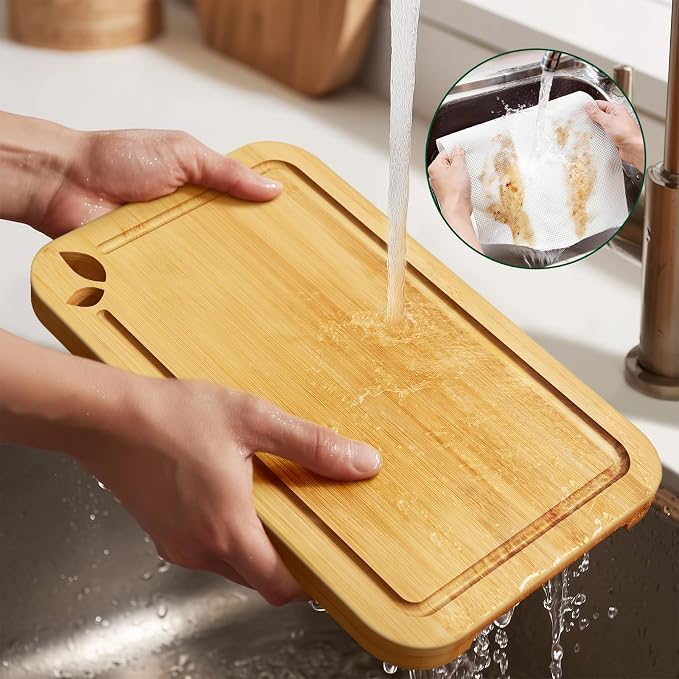 Bamboo Cutting Boards for Kitchen, Wooden Cutting Boards, 11 x 7.5 inch | Knife-Friendly Chopping Boards with Silicone Mat, Charcuterie Boards with Side Handles and Juice Grooves