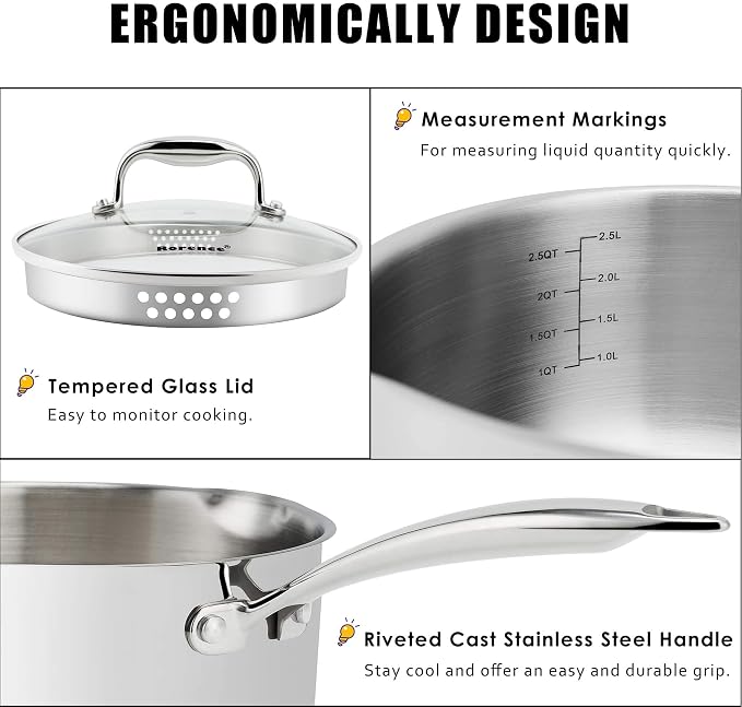Rorence 3-Quart Saucepan with Lid: Pour and Strain Stainless Steel Sauce Pan with Pour Spouts, Capsule Bottom & Tempered Glass Lid | Pour and Strain, Pour Spouts, Capsule Bottom, Tempered Glass Lid
