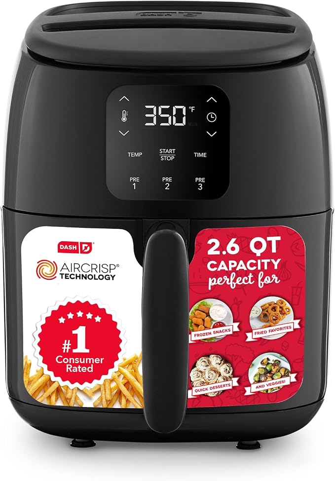 Dash Tasti-Crisp Digital Air Fryer, 2.6 Quart, Black | Small Compact Basket Style Air Fryer for One or Two People, Auto Shut Off, Adjustable Temperature, Dishwasher Safe Parts