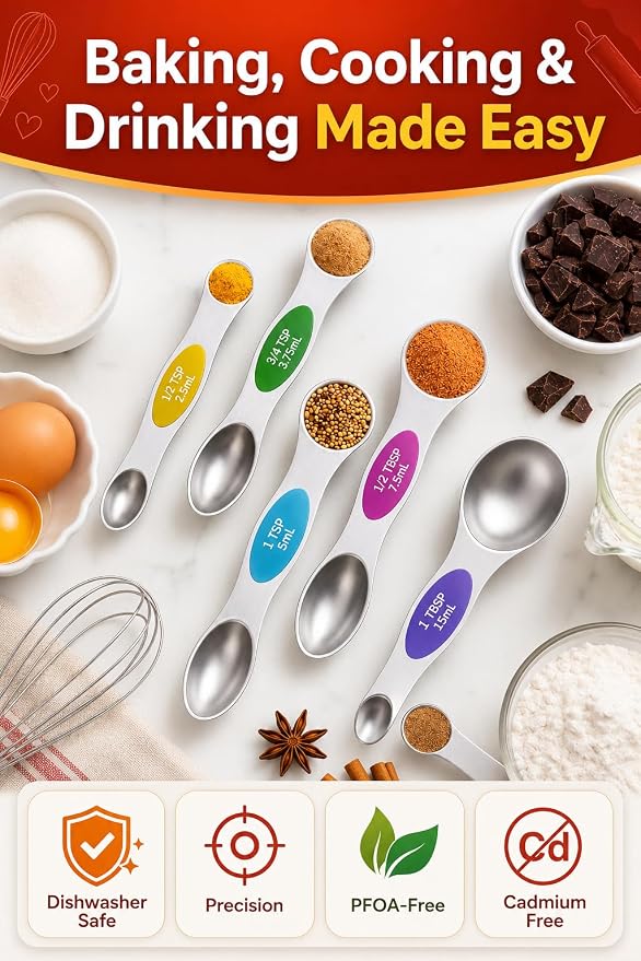 Premium Magnetic Measuring Spoons Set|Strong N52 Magnets|Heavy Duty Stainless Steel|Dual-Sided for Spice Jar & Liquid Measuring|Dishwasher Safe|7 Spoons with Leveler for Baking & Cooking (Colorful)