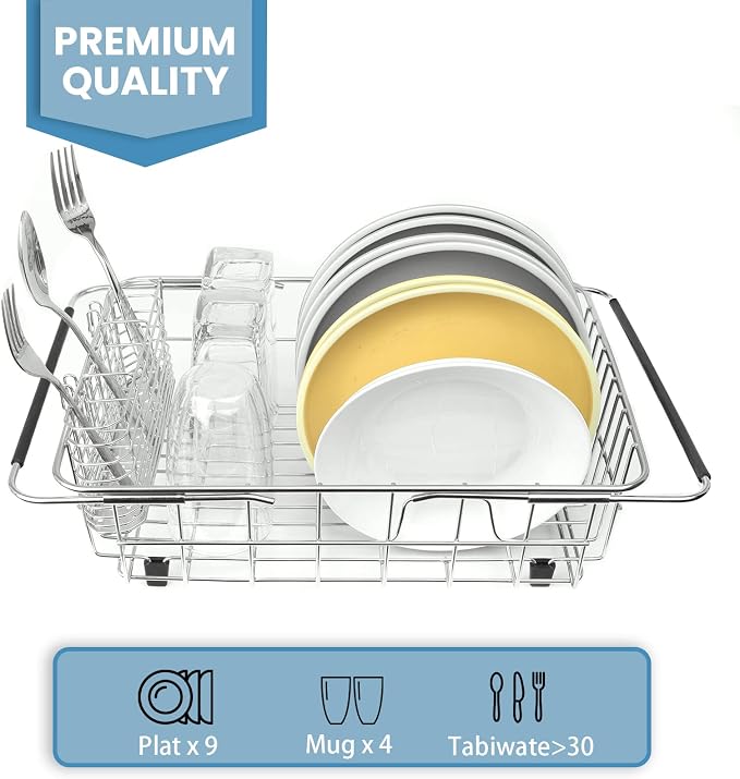 304 Stainless Steel Drying Rack, Expandable, Adjustable Inside The Sink (up to 9 Upright Utensils) | Adjustable Sink Dish Drying Rack, Expandable Stainless Steel Organizer, Fits Most Sinks, Holds Up to 9 Upright Utensils