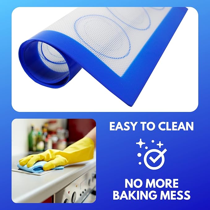 Silicone Baking & Cookie Mats 2 Pack, Non-Stick, 16.5 x 11.6 in | Food grade silicone liner with cookie measurements. Heat resistant to 480F, dishwasher safe, non-slip.