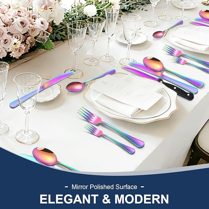 24-Piece Rainbow Silverware Set with Steak Knives Black Stainless Steel Flatware Set for 4 Food Grade Tableware Cutlery Set Rust-proof, Mirror Polished, Dishwasher Safe