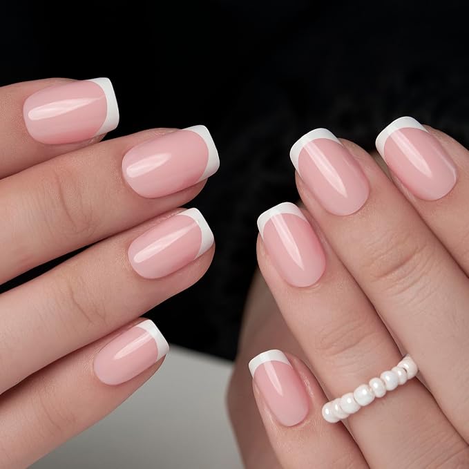 CurvLife Short Square French Tip Press On Nails, Classic, Soft Gel | 32PCS, 16 Sizes, Salon-Quality Natural Fake Nails, Curved Fit, 7-14 Day Glue-On Wear, Reusable Stick-On Nails, Press-On Kit