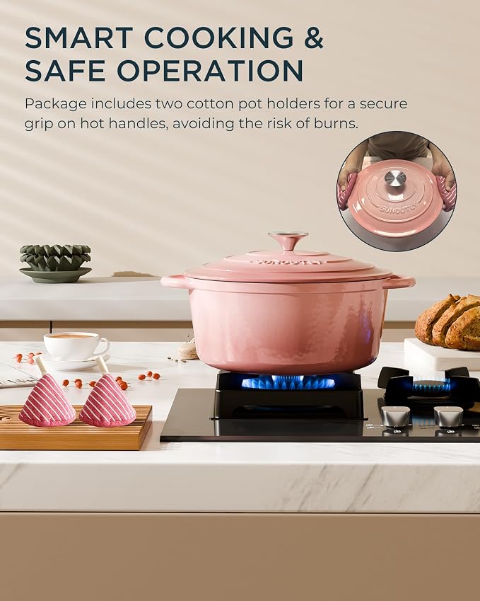 Enameled Cast Iron Dutch Oven - 4.5QT Dutch Oven Pot with Lid & Cotton Potholders - Heavy-Duty Non Stick Casserole Pot for Braising, Stews, Roasting, Baking, Suitable for All Stovetops, Gentle Pink