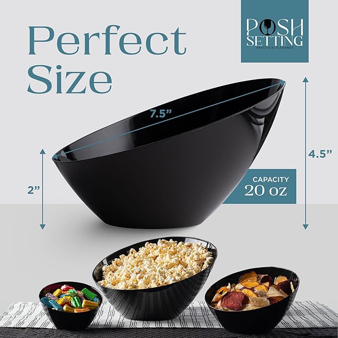5 Pack Black Angled Plastic Serving Bowl Disposable for Party Table 20oz | Angled Bowl Design. Chip, Candy, Salad & Fruit Use. Disposable Party Tableware. Buffet & Wedding Serving. Black Plastic.