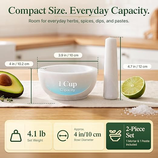 Flexzion Marble Mortar and Pestle Set - Solid Granite Stone Grinder Bowl Holder 5.5 Inch for Guacamole, Herbs, Spices, Garlic, Kitchen, Cooking, Medicine (White) | Crush Herbs, Garlic and Spices or Make Guacamole; The 1-1/4-Cup Bowl Has Thick Walls and...
