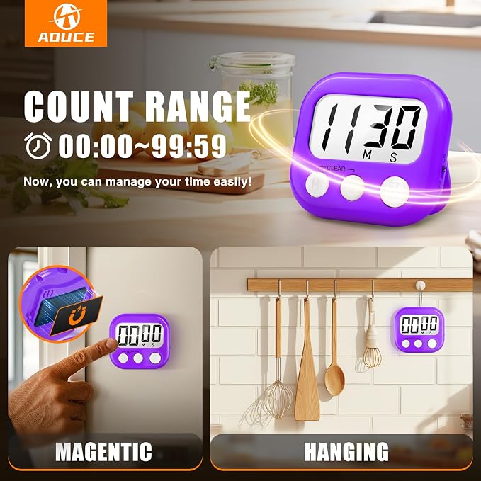 6 Pack Digital Kitchen Timer for Cooking Big Digits Loud Alarm Magnetic Backing Stand Cooking Timers for Baking Purple