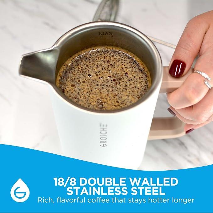 GROSCHE Dublin Double Wall Stainless French Press, White, 8 Cup, 34 oz | Fine-Mesh Filter Reduces Grit, Insulated Body Retains Heat, Dishwasher-Safe Parts Simplify Cleanup for Daily Hot or Cold Brew