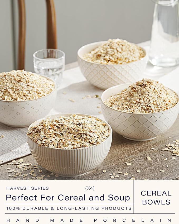 getstar Ceramic Soup Bowls, Big Cereal Bowl Set of 4 with Assorted Embossment (6.1 inch & 30 oz), Farmhouse Vintage Color Bowls for Kitchen