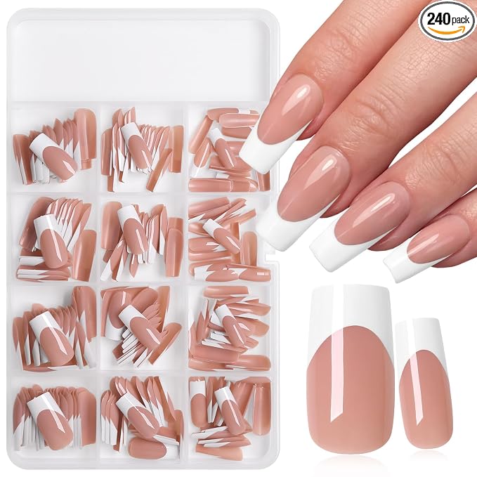 240pc White French Tip Press on Nails Medium Square Acrylic Nail, Coffee Press ons Fake Nails with Glue & Tabs, 12 Sizes Glue on Nails Medium Press-on Nail Square Stick on Nail for Women Girls