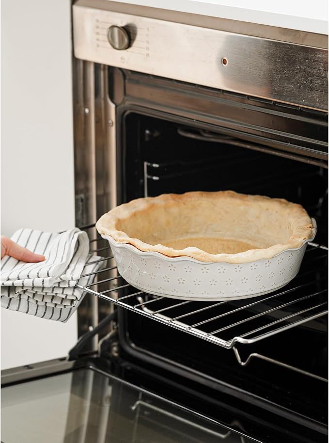 Deep Pie Dish for Baking, Ceramic Pie Pan for Apple Pie, Tart, Quiche Baking Dish, Farmhouse Decor Pie Plate, Deep Dish Pie Pan, Oven Safe, Off-White, Flower