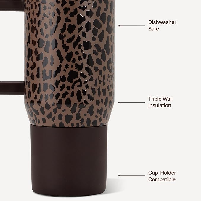 HydroJug Coffee Traveler 20oz Ceramic-Lined Mug with Handle, Brown Leopard
