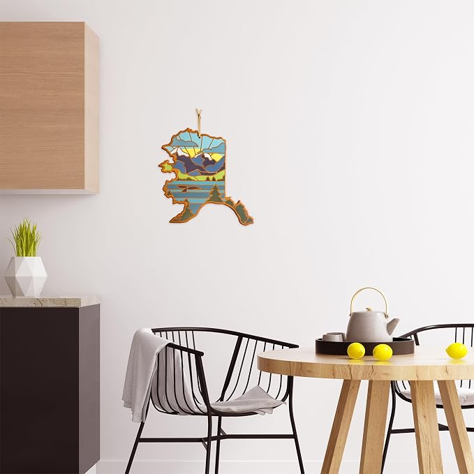 Totally Bamboo Alaska State Shaped Cutting Board, Summer Stokes Art | State charcuterie board with colorful hand-drawn landscape art. Smooth reverse side for food prep. Hang tie for wall display.