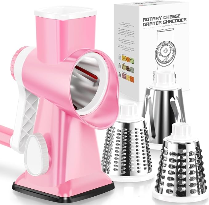 Rotary Cheese Grater Hand Crank Pink - Shredder Slicer Grinder 3 Stainless Steel Blades, Stable Suction, Labor-Saving Handle, Safe Kitchen Tool for Cheese, Vegetable, Nuts, Chocolate