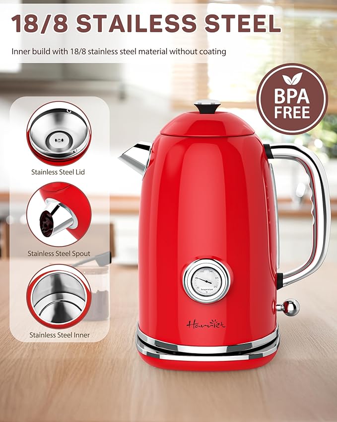 Harriet 61 oz Electric Kettle with Thermometer, Hot Water Pot, Retro | Electric Tea Kettle for Boiling Water, 1500W Stainless Steel Pot, Auto Shut-Off & Boil Dry Protection, Cordless LED Indicator