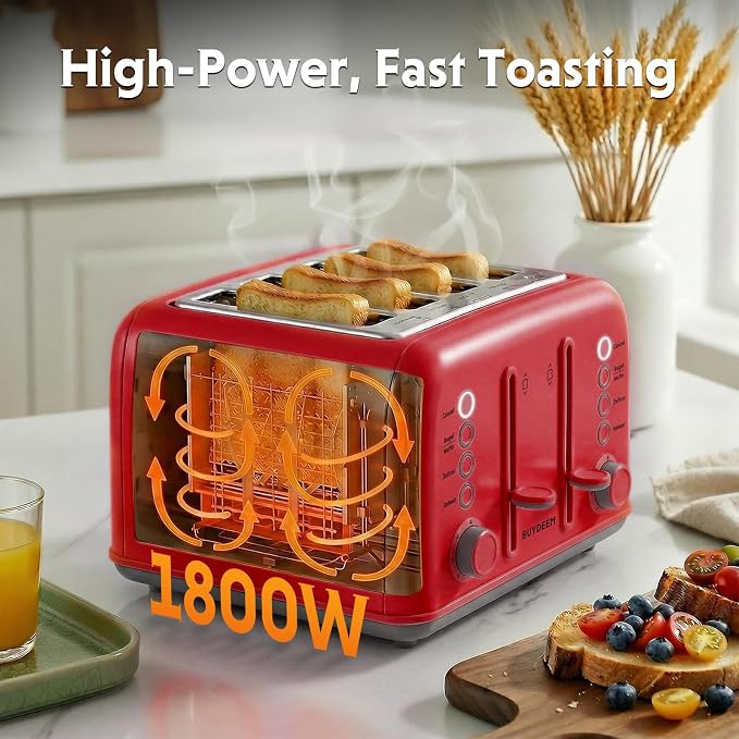BUYDEEM DT640 4-Slice Toaster, 7 Shade Settings, Extra Wide 1.5’’ Slots for Bagel & English Muffin, 6 Toasting Functions, Retro Stainless Steel Toaster with High Lift Lever, 1800W, Red