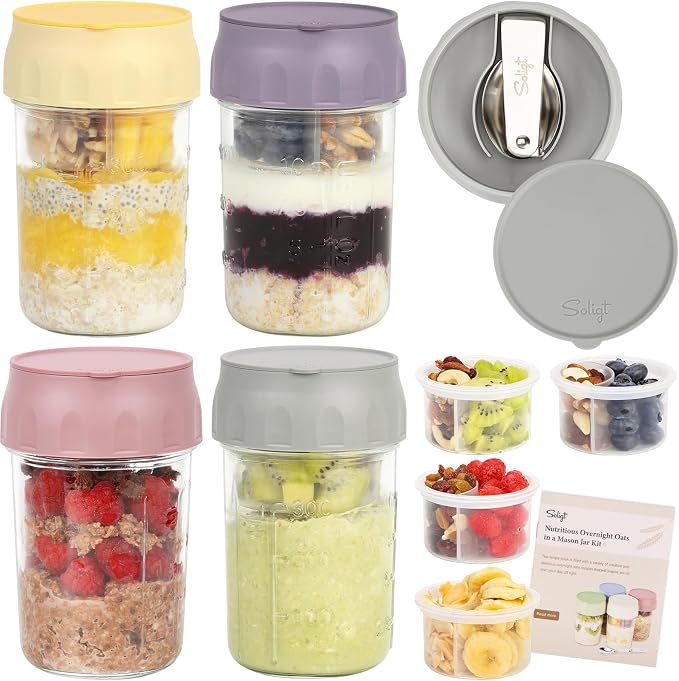 SOLIGT 4 Pack Overnight Oats Containers with Lids, Folding Spoons and Divided Compartments for Fruit & Nuts, Small Glass 16oz Mason Jars for Oatmeal Yogurt Parfait | Folding Spoons and Divided Compartments for Fruit&Nuts, Small Glass 16oz Mason Jars fo...