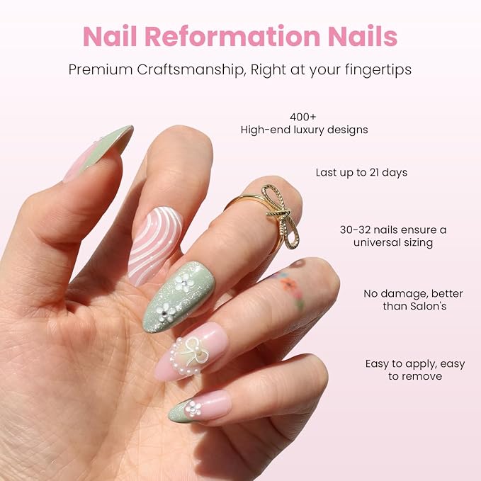Nail Reformation Press On Nails, Garden of Pearls Short Almond Fake Nails | 15 Sizes 30 Pcs Floral French on Pink Green Shimmer Base in Glossy Finish, Reusable Stick On Nail Kit for Women Gifts
