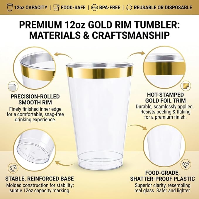 Byvivace 12OZ Plastic Cups with Gold Rimmed Sturdy & Food Safe Disposable Wine Glasses Weeding Party Cups Disposable Drinking Cups Plastic Cocktail Glasses for Wine, Juice & Cold Beverages [200 Pack]