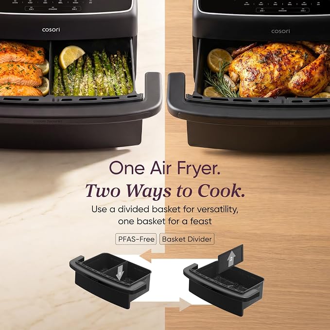 Cosori TWINFRY 9 QT Double Air Fryer, Removable Divider, PFAS-Free Ceramic | Dual 4.5Qt & Full 9Qt, Two Ways to Cook, 6-in-1, Independent Cooking, Match&Sync, Dishwasher-Safe, Countertop Friendly