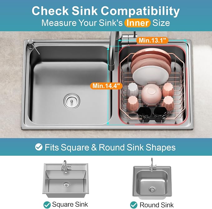 Small in Sink Dish Drying Rack - Stainless Steel for RV Kitchen | Compact Design, Rust-Resistant, Angled Corners Fit Square & Round Sinks, Removable Utensil Holder, Cup Hooks, 13.1"W x 14.4"L