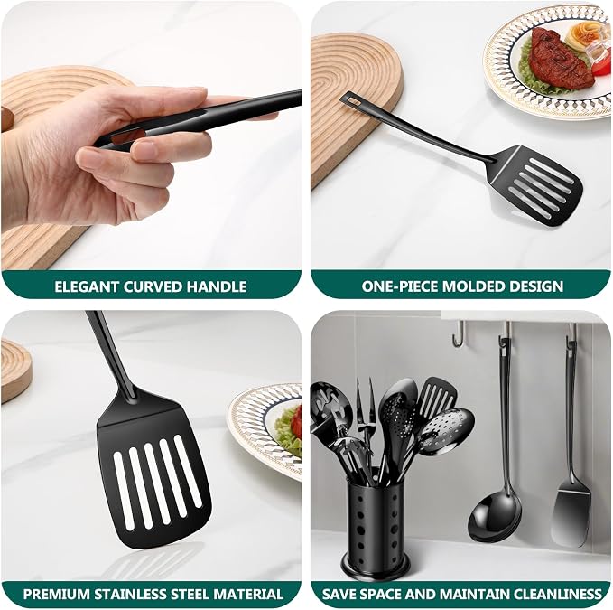 Stainless Steel Kitchen Utensils Set,11pcs Cooking Utensils Set with Holder | Black Metal Kitchen Tool Set for Cooking with Turners, Potato Masher, Spatula, Spoons, Pasta, Tongs