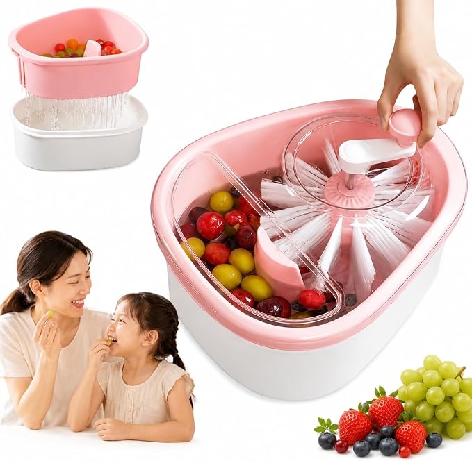Fruit Cleaner Spinner,Manual Berry Washer Bowl and Spinner w/Brush(A) | Vegetable Washer Salad Cleaner with Crank Handle,Large Cleaning Bowl for Fruits, Vegetables and Salad, Produce Scrubber