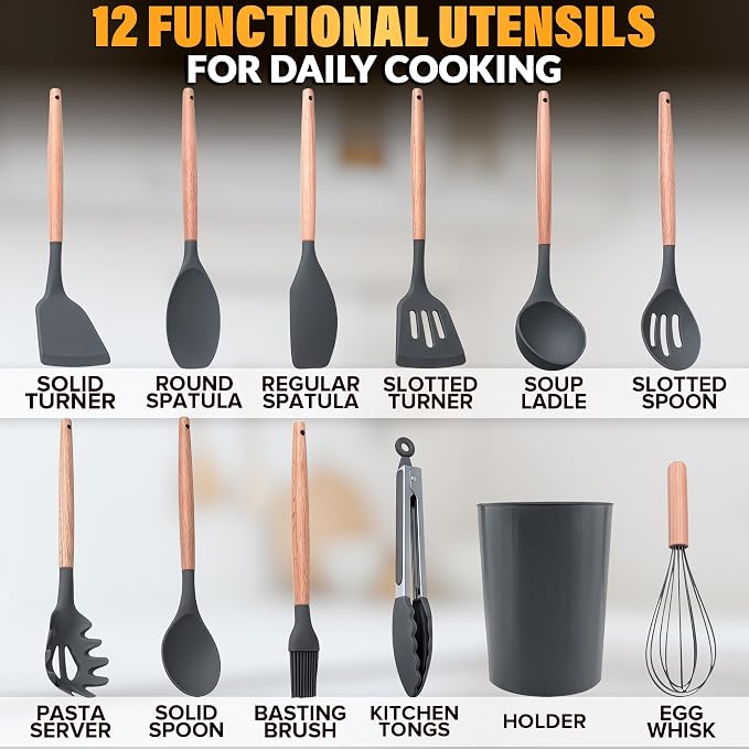 12 Pcs Gray Kitchen Utensils Set with Holder for Nonstick Cookware | Silicone Cooking Utensils Set for BBQ; Heat-Resistant Tools with Wooden Handles for Baking, Serving, Frying, and Mixing