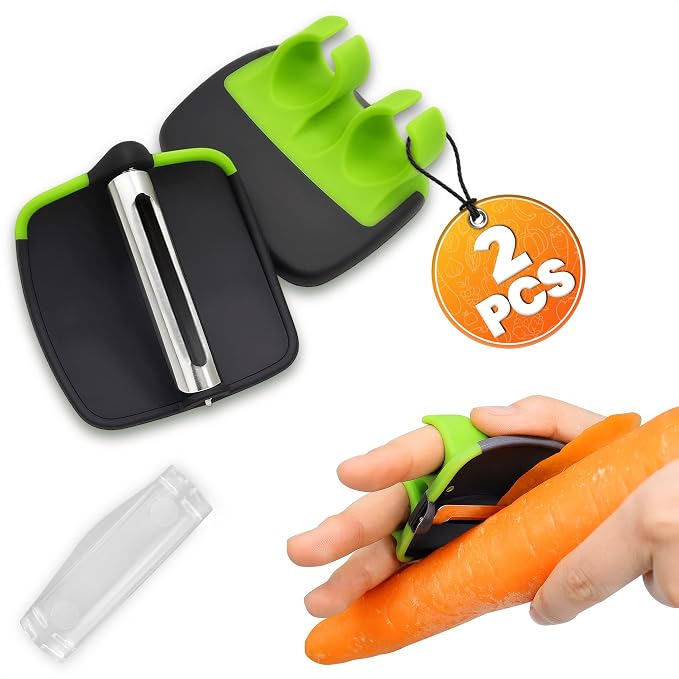 2 Pcs Finger Potato Peeler Set, Palm Peeler, Stainless Steel Blades | Finger Peeler for Vegetables with Sharp Double-Sided Blade, Silicone Palm-Fit Body, Non-Slip, Dishwasher Safe, for Veggies