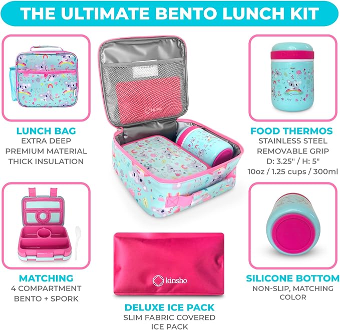 kinsho kids Bento Lunch Box Set with Thermo, Bag & Ice Cold Pack, Koala | 4 Compartments, Removable Tray, Small Meal or Snack Container for Girls Toddlers, Daycare & Pre-School, Steel Food Jar