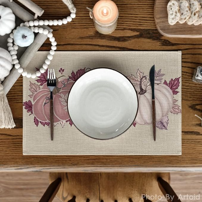 Artoid Mode Pink Pumpkin Leaves Fall Placemats Set of 4-12 x 18 Inch | Heat-Resistant Table Mats, Washable Seasonal Autumn Kitchen Dining Decor