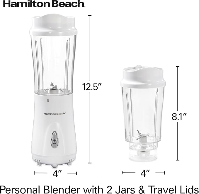 Hamilton Beach Portable Blender for Smoothies With 14 oz. Travel Jar | 2 BPA Free Jars & Lids | Durable Stainless Steel Blades | 300 Watts Peak Power | Personal Smoothie Blender | White | 51102G