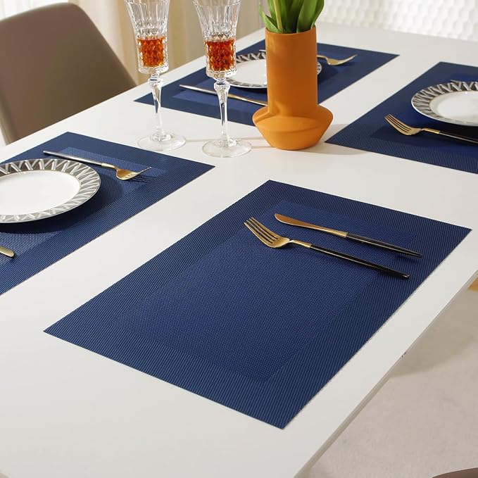 Vinyl Placemats Heat-Resistant Table Mats Washable Easy Clean Plastic Placemats for Dining Table Set of 4 (Blue)