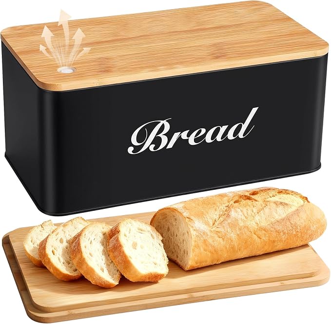 RYTOXILO Black Bread Box for Kitchen Countertop, Metal Breadbox with One-Way Degassing Valve Bamboo Lid, Bread Storage Boxes Container for Homemade Bread, Sourdough Food Cutting Board