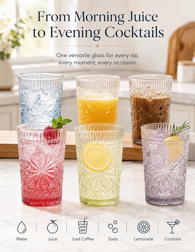 Colored Vintage Drinking Glasses Set of 6, 13 oz Gradient Embossed Highball Glasses, Textured Glass Cups Tumblers for Water, Iced Coffee, Juice & Cocktails, Dishwasher Safe(Dahlia style)