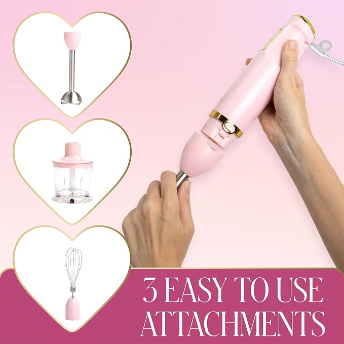 Paris Hilton Hand Blender Set, 3-in-1 Immersion Blender with Whisk, Blending & Chopper Attachments, 400W High Speed, Pink with Gold Accents, Handheld Blender for Smoothies, Soups, Sauces, Cream, Pink