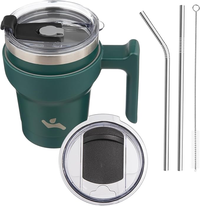 Konokyo 10 oz Tumbler with Handle and Straw, Insulated Travel Mug | Army Green; BPA-free, leak-proof tumbler with 2 lids, 2 straws, cup holder fit for coffee, office, travel & daily use