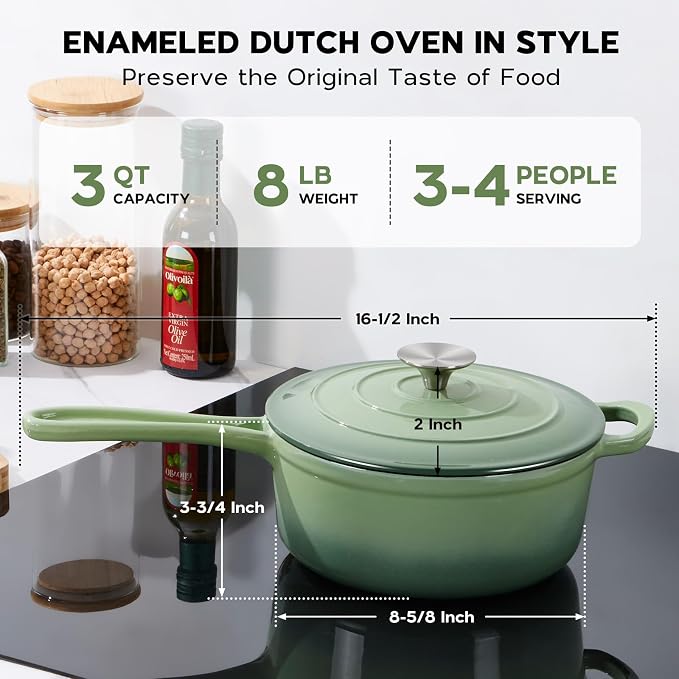 Onader 3QT Sauce Pan with Lid, Enameled Cast Iron Saucepan, Small Dutch Oven Cooking Kitchen Pot, Nonstick & Heavy Duty – Pistachio Green
