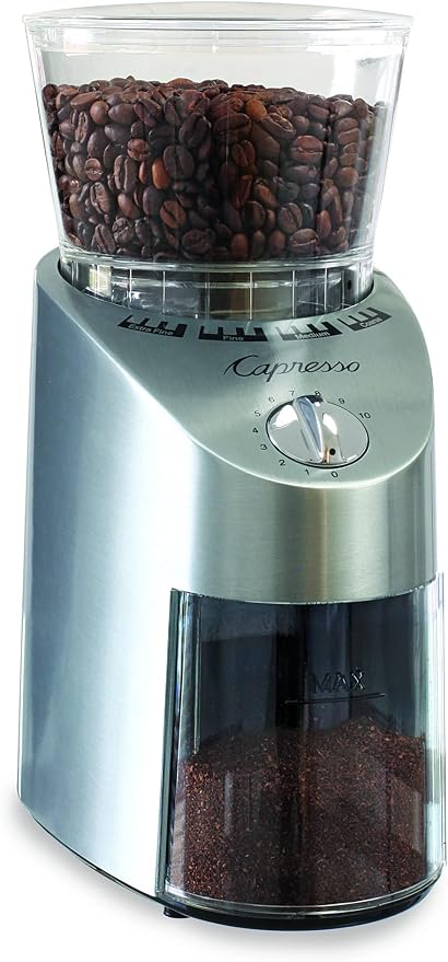 Capresso Infinity Conical Burr Grinder, See-through bean container holds up to 8.8 oz of beans | See-through hopper holds up to 8.8 oz, precision settings from fine to coarse