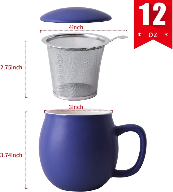 Yundu 12 OZ Matte Deep Purple Ceramics Teacup with Infuser and Lid, Mug with Lid for Steeping - Stainless Steel Infuser for Loose Leaf Tea, Home Office Gift for Tea Lovers