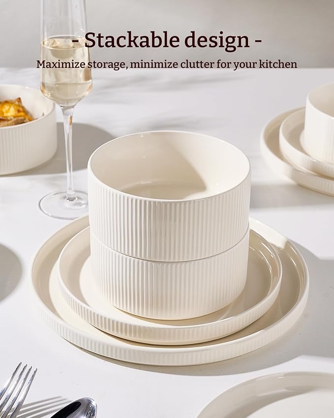 Line Porcelain Dinnerware Set, dish set for 4, Creamy White | Premium dinnerware set, chip-resistant & durable. Safe for dishwasher, microwave, oven. For daily meals to festive feasts