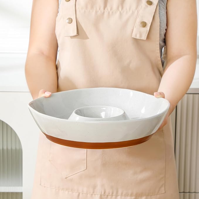 MALACASA Ceramic Chips and Dip Serving Tray, 12 Inch Dip Serving Tray | Free-Form Divided Ceramic Chips and Dip Bowls for Parties, Hosting and Entertaining, Khaki Gray
