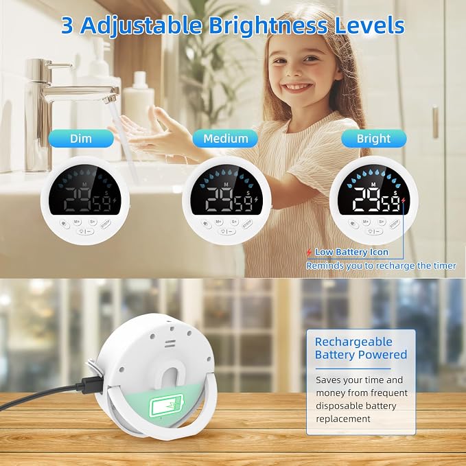 Waterproof Shower Timer for Bathroom Kitchen with Countdown Count-up, White | Large LED Display, 3 Brightness, 4 Volume, Battery Powered, Suction Cup Mounted Digital Stopwatch for Toilet Classroom
