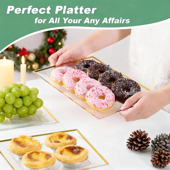 FOCUSLINE 8 PCS Plastic Serving Trays for Party, Clear Gold Rim Platters | Durable Construction, Elegant Appearance, Disposable and Reusable, Ideal for Parties, Weddings, Catering, Desserts